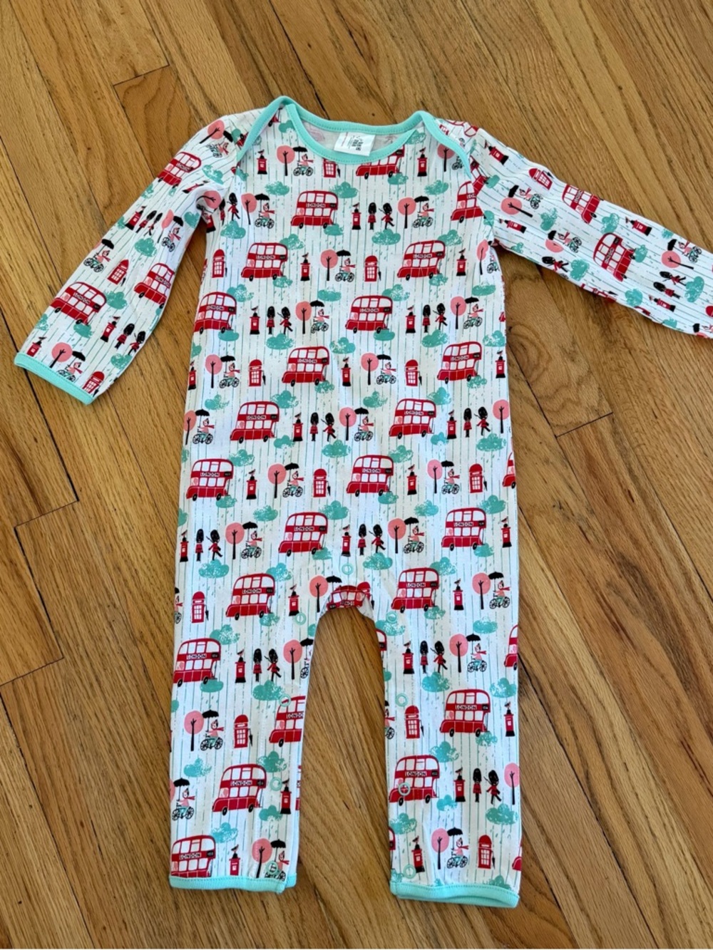 Baby Footed Pajamas in White with Red London Bus Print